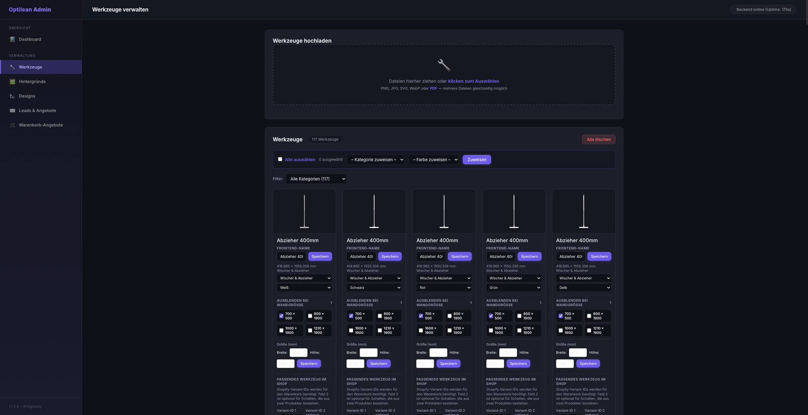Optilean Admin Werkzeugverwaltung mit Upload, Kategorien, Farben und Größen-Ausschlüssen