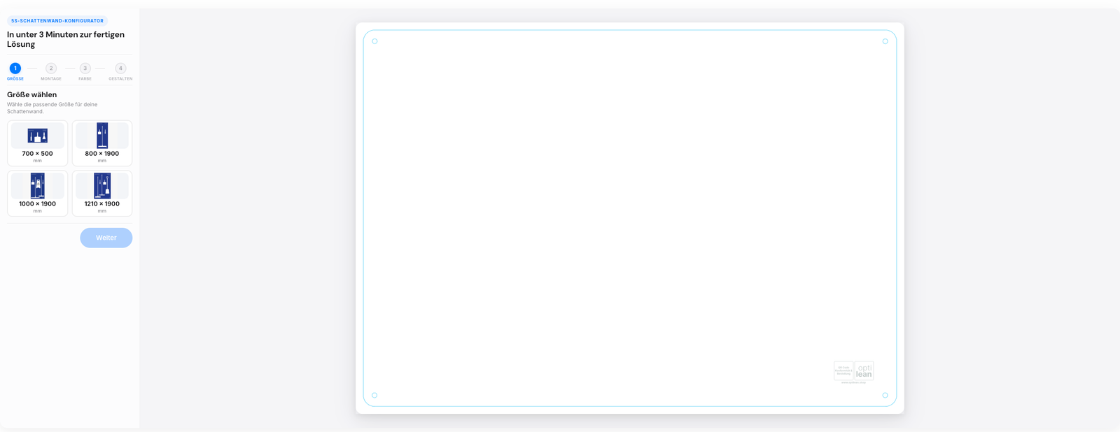 Größenauswahl im Optilean Schattenwand-Konfigurator