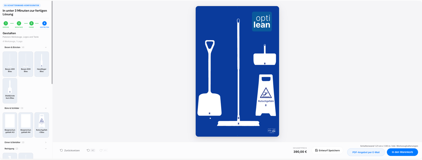 Optilean Produktkonfigurator für 5S-Schattenwände mit Werkzeugauswahl, Preis und Warenkorb