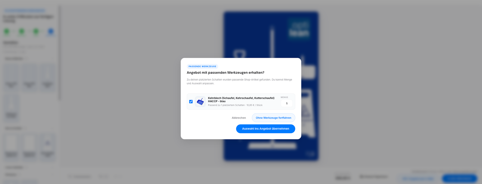 Upsell-Modal mit passenden Werkzeugen im Produktkonfigurator