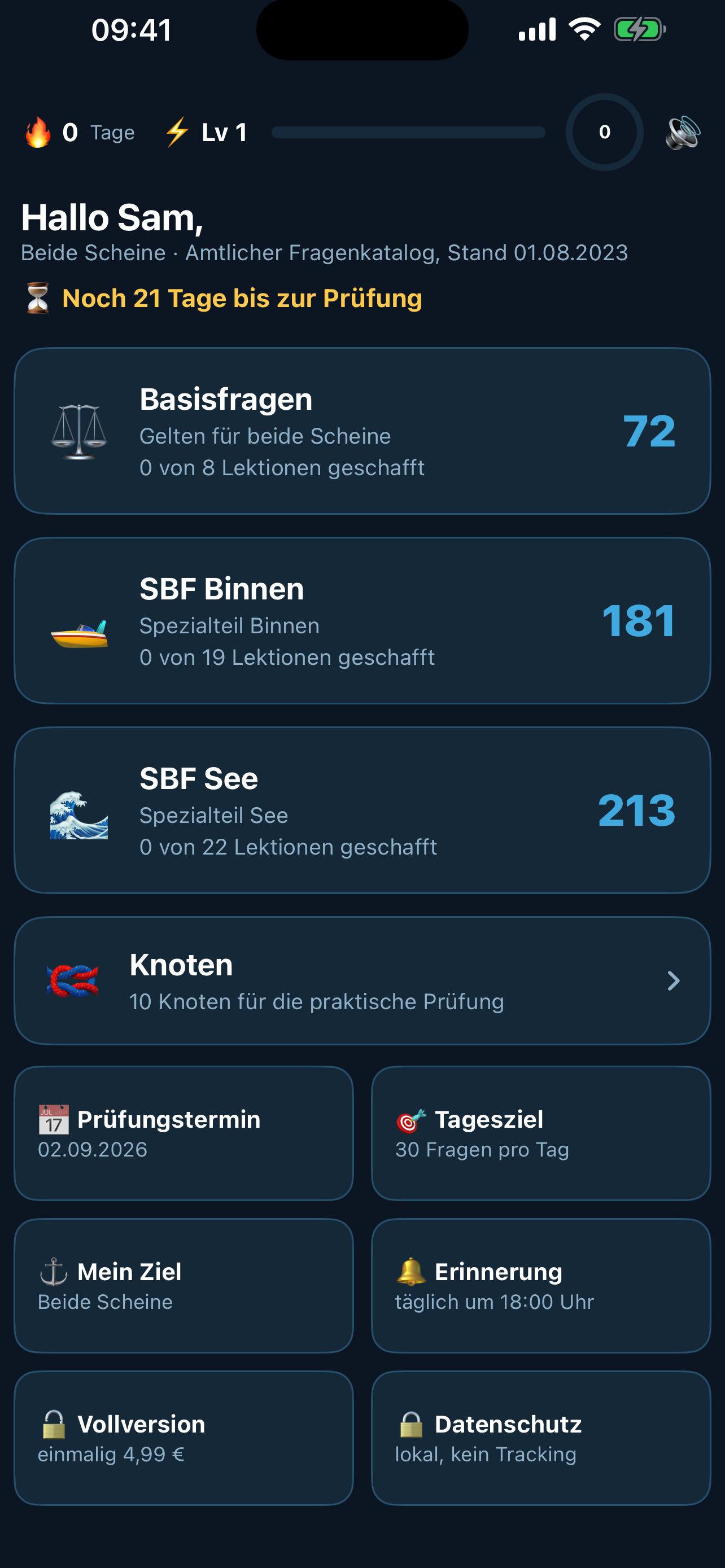 Startansicht der SBF Prüfungstrainer iOS-App